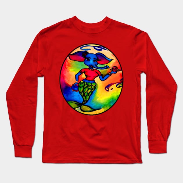 Beautiful Blue Elephant Mermaid with Red Rose and Tambourine Long Sleeve T-Shirt by artbyomega